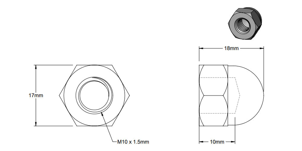 (5 Pack) M10 Silver Cap Nut