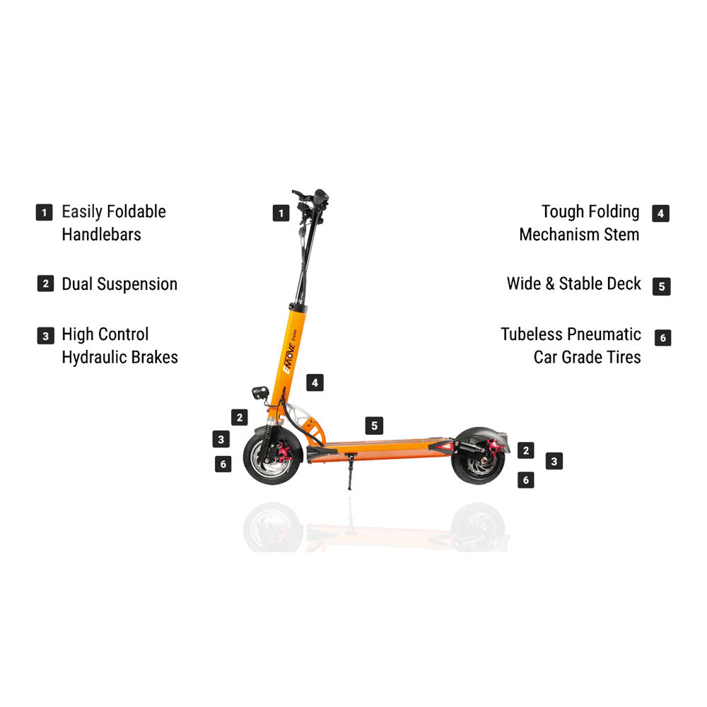 orange Emove cruiser electric scooter with specs